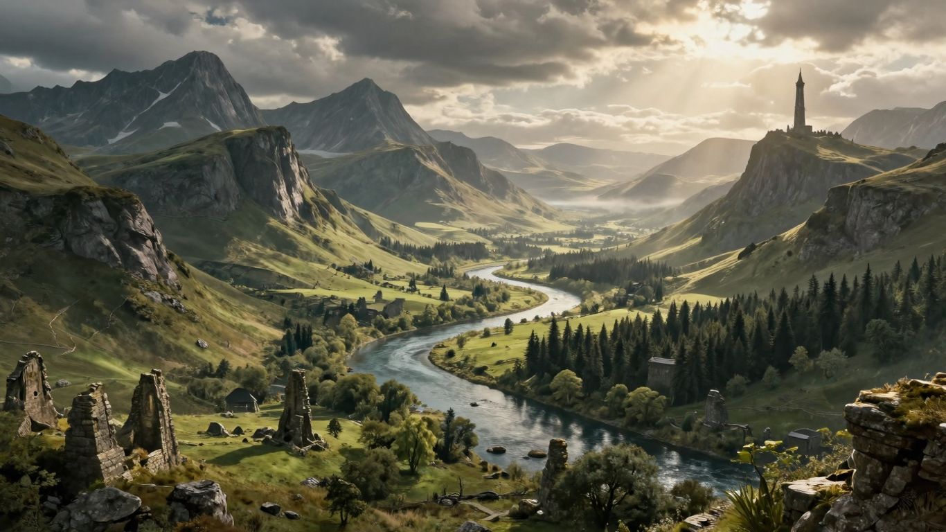 Krajobraz Śródziemia z górami, rzeką i lasami.