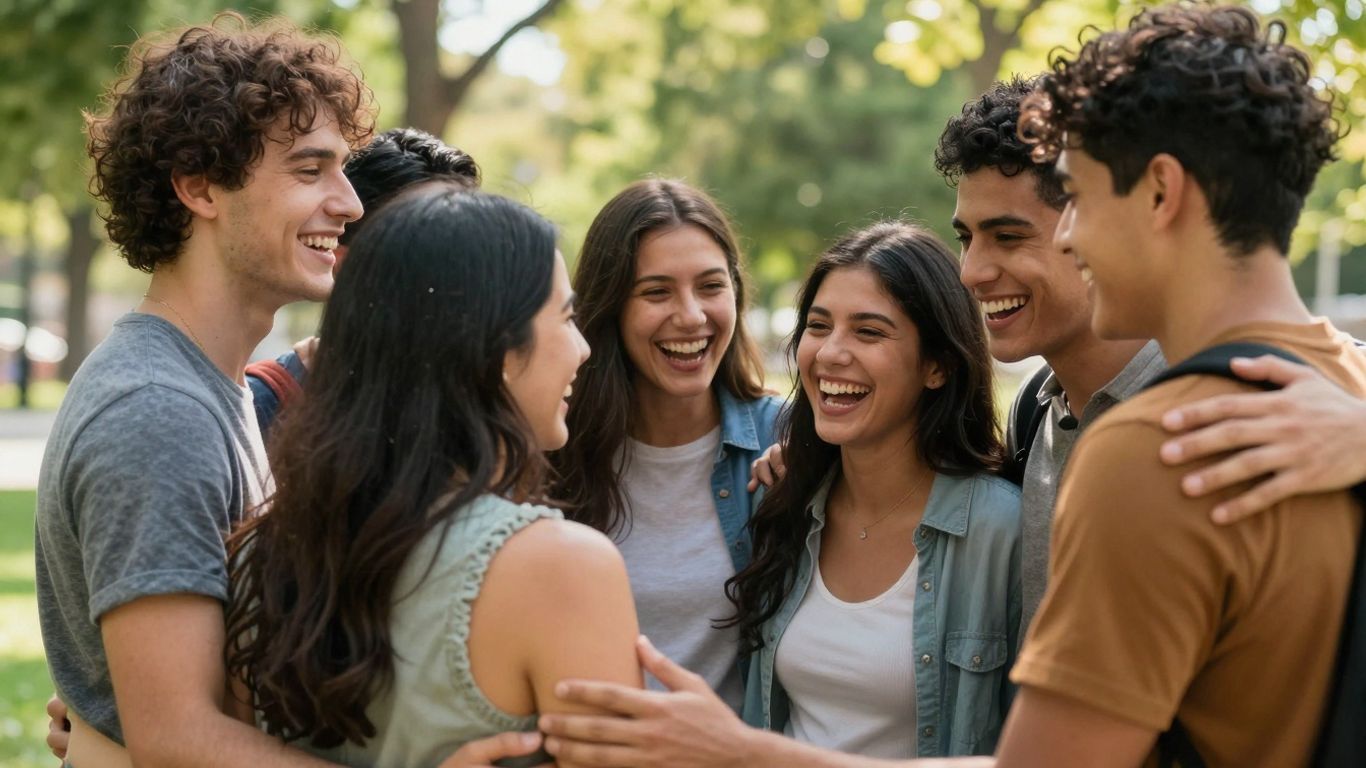 Freunde umarmen sich und lachen im Park.