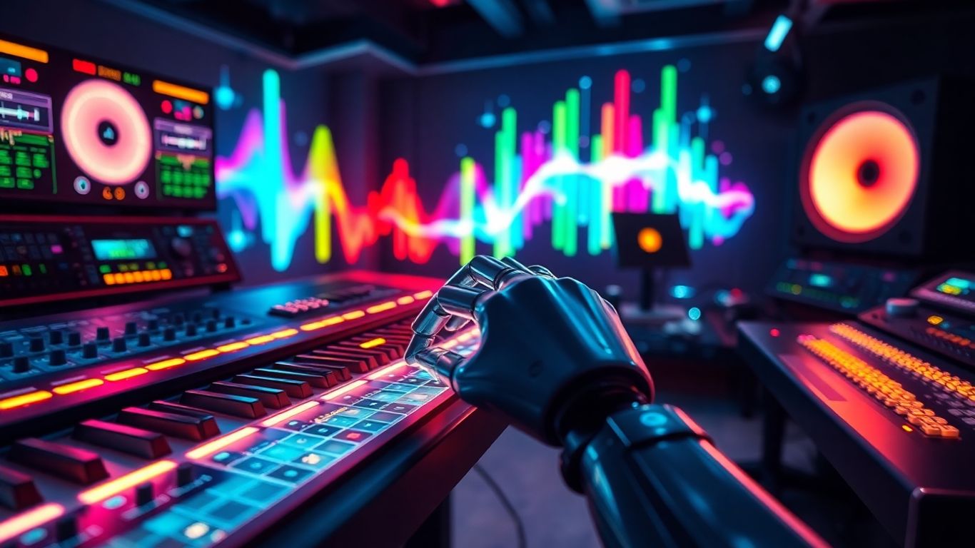 AI composing music with futuristic technology.