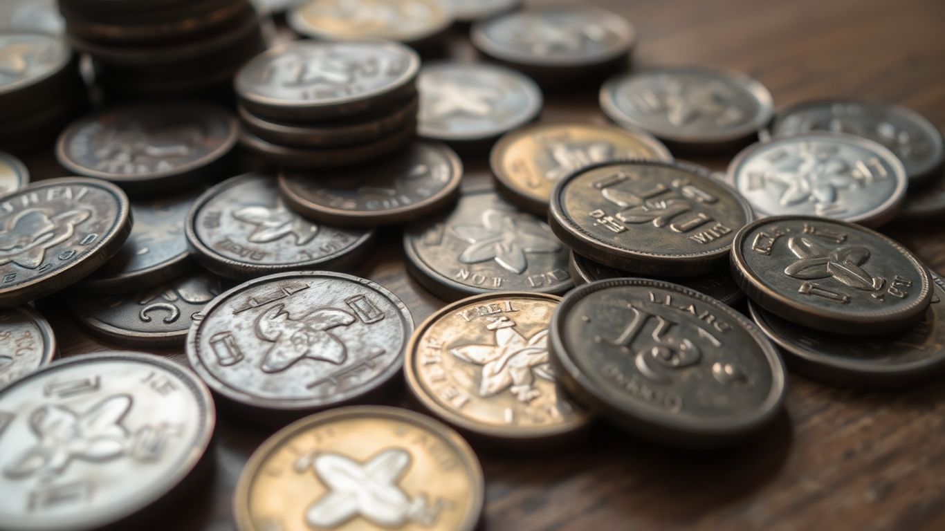 Old coins scattered on a wooden surface.