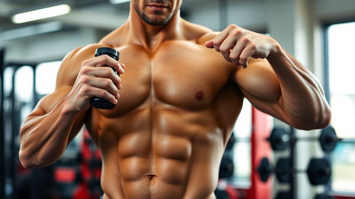 Muscular man flexing with supplement bottle in gym.