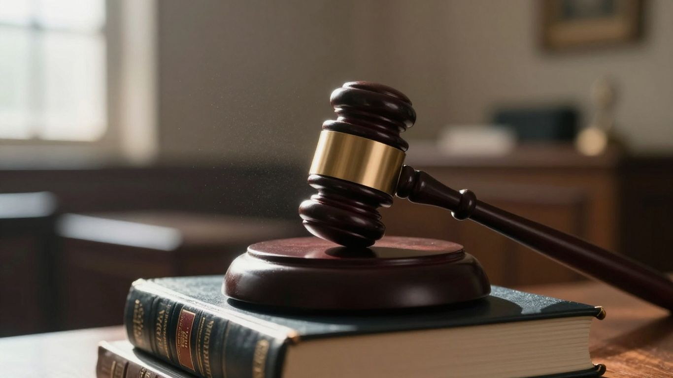 Gavel on law books in a courtroom.