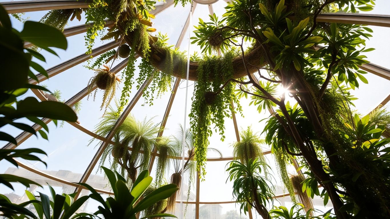 Intérieur d'un héliodome avec plantes et lumière naturelle.
