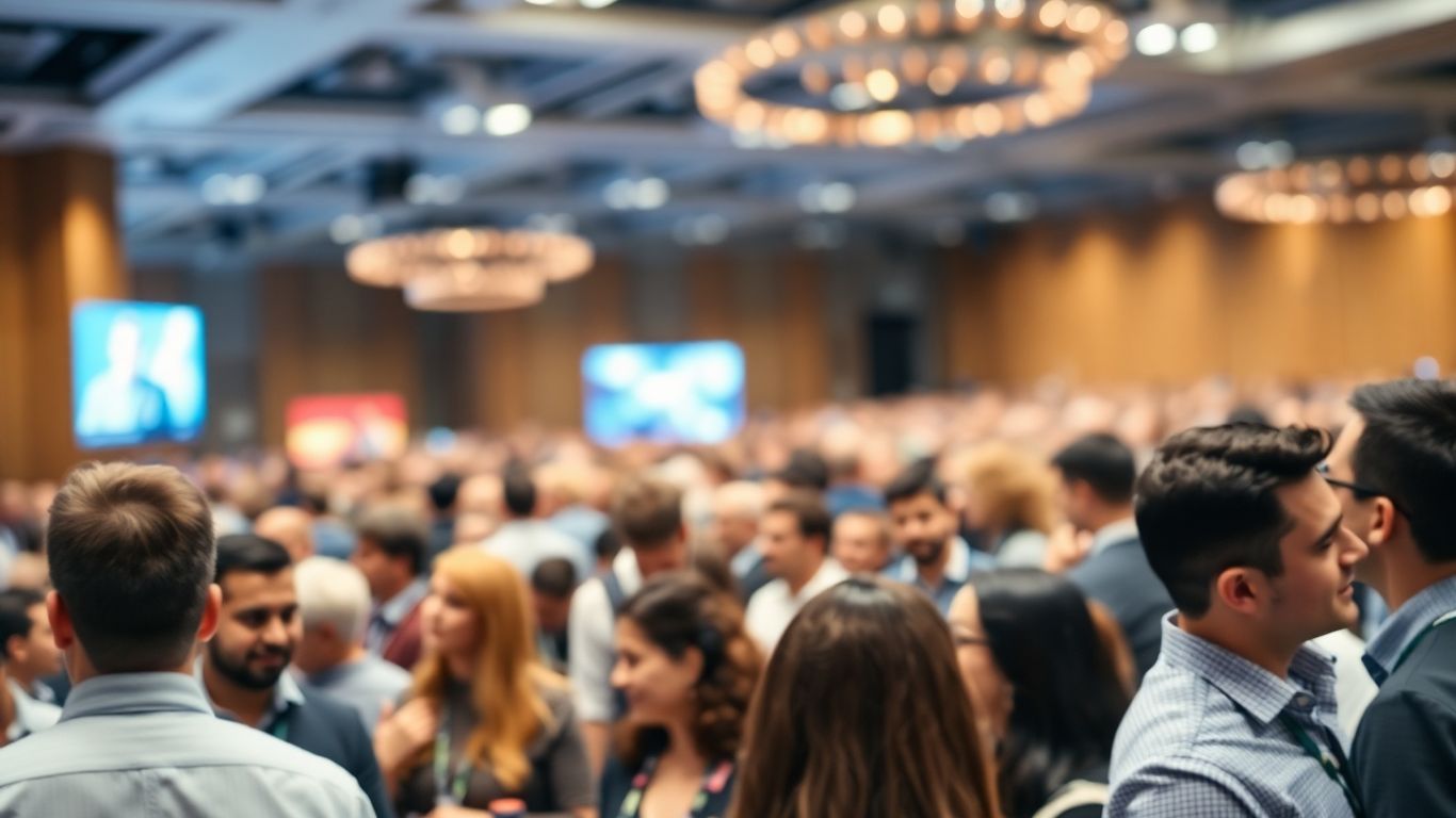 Business professionals networking at a commerce summit.
