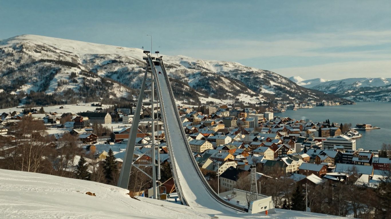 Lillehammer ski jump and village with mountains.