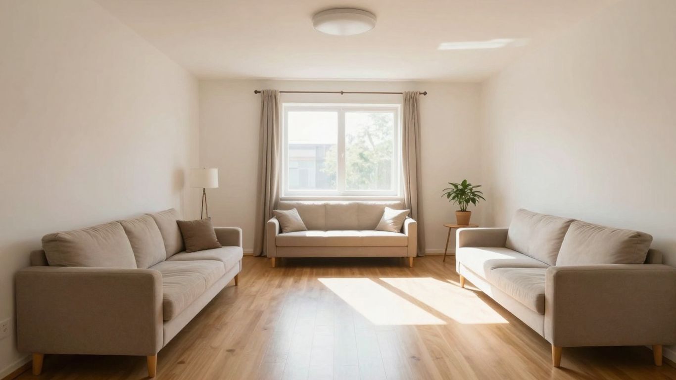 Tidy, sunlit living room promoting safe aging in place.