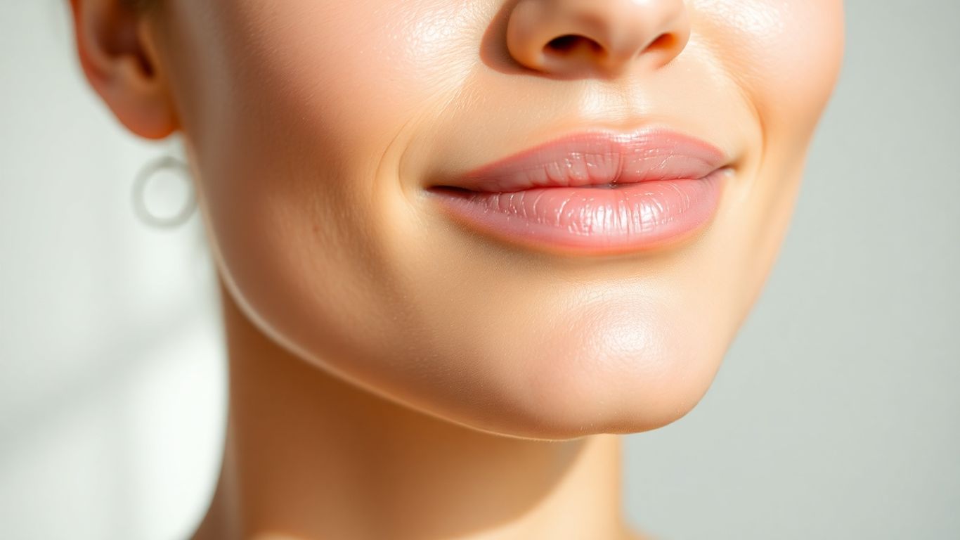 Person's radiant face with an even, glowing skin tone.