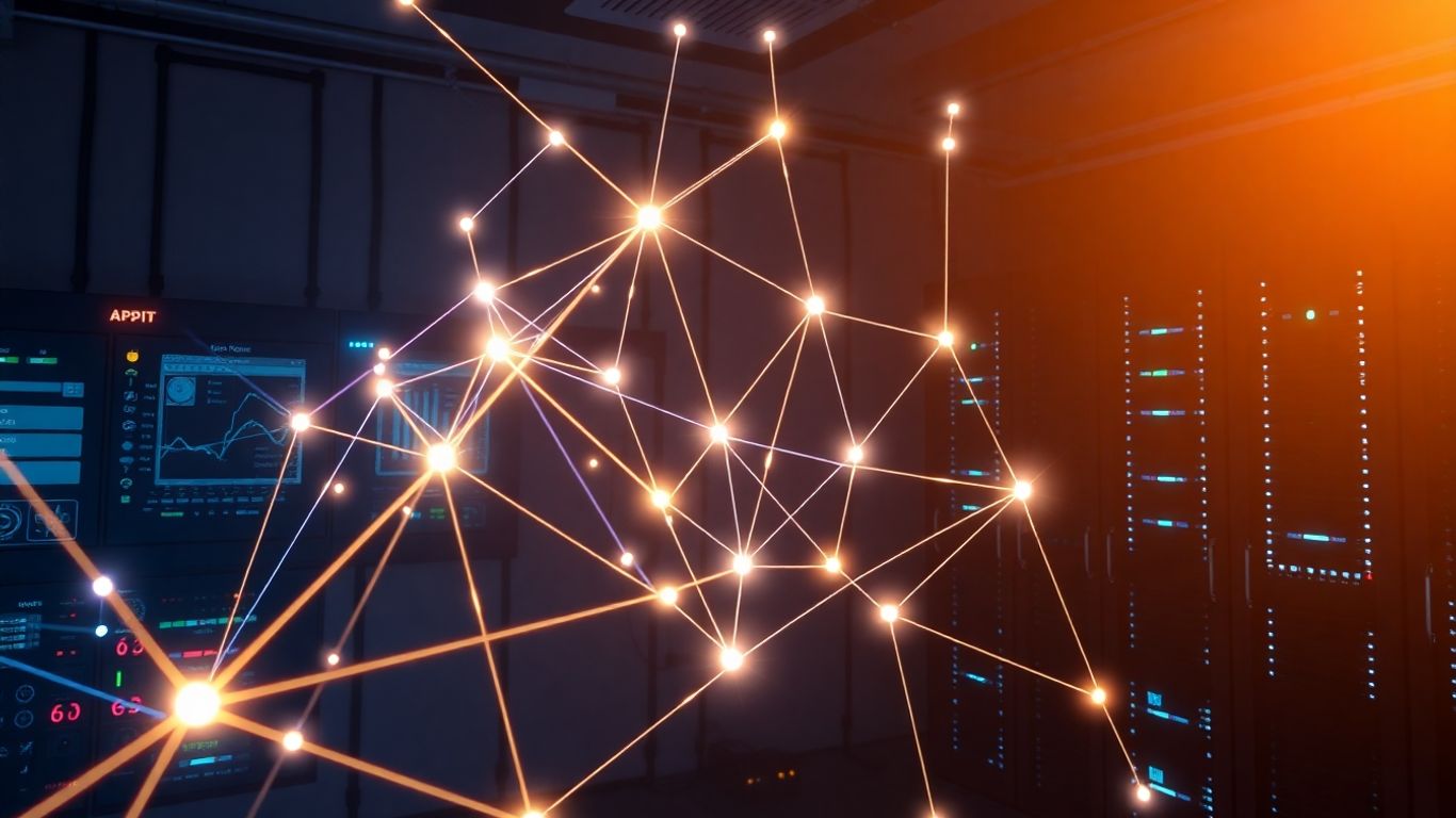 SCADA system connectivity with glowing digital lines.