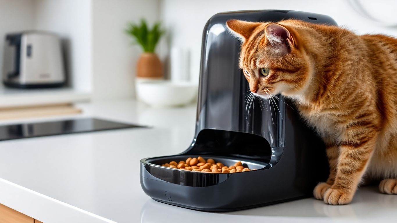 Smart wet cat food feeder with a cat nearby.