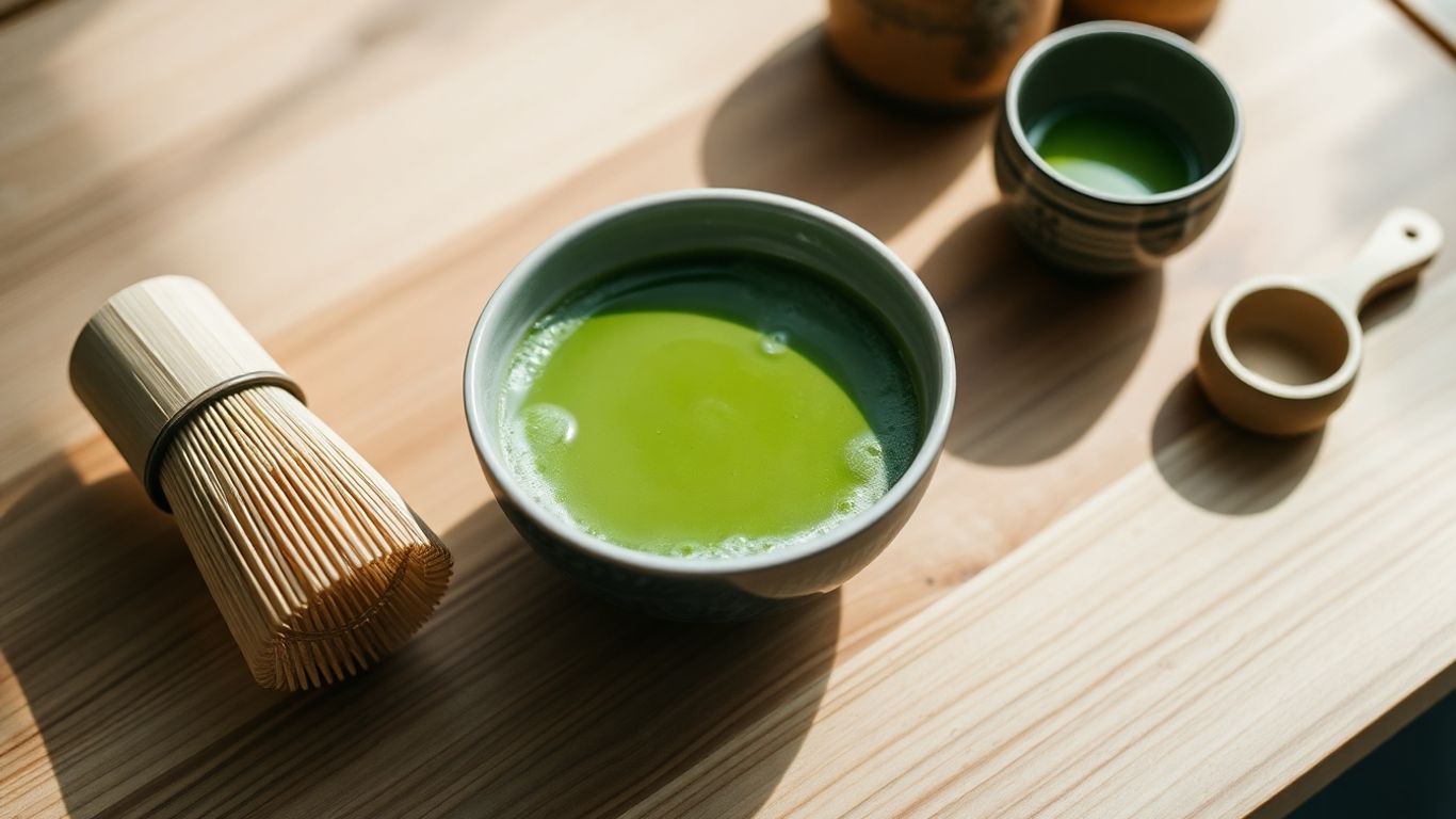 Vibrant green matcha tea being whisked in a traditional bowl.