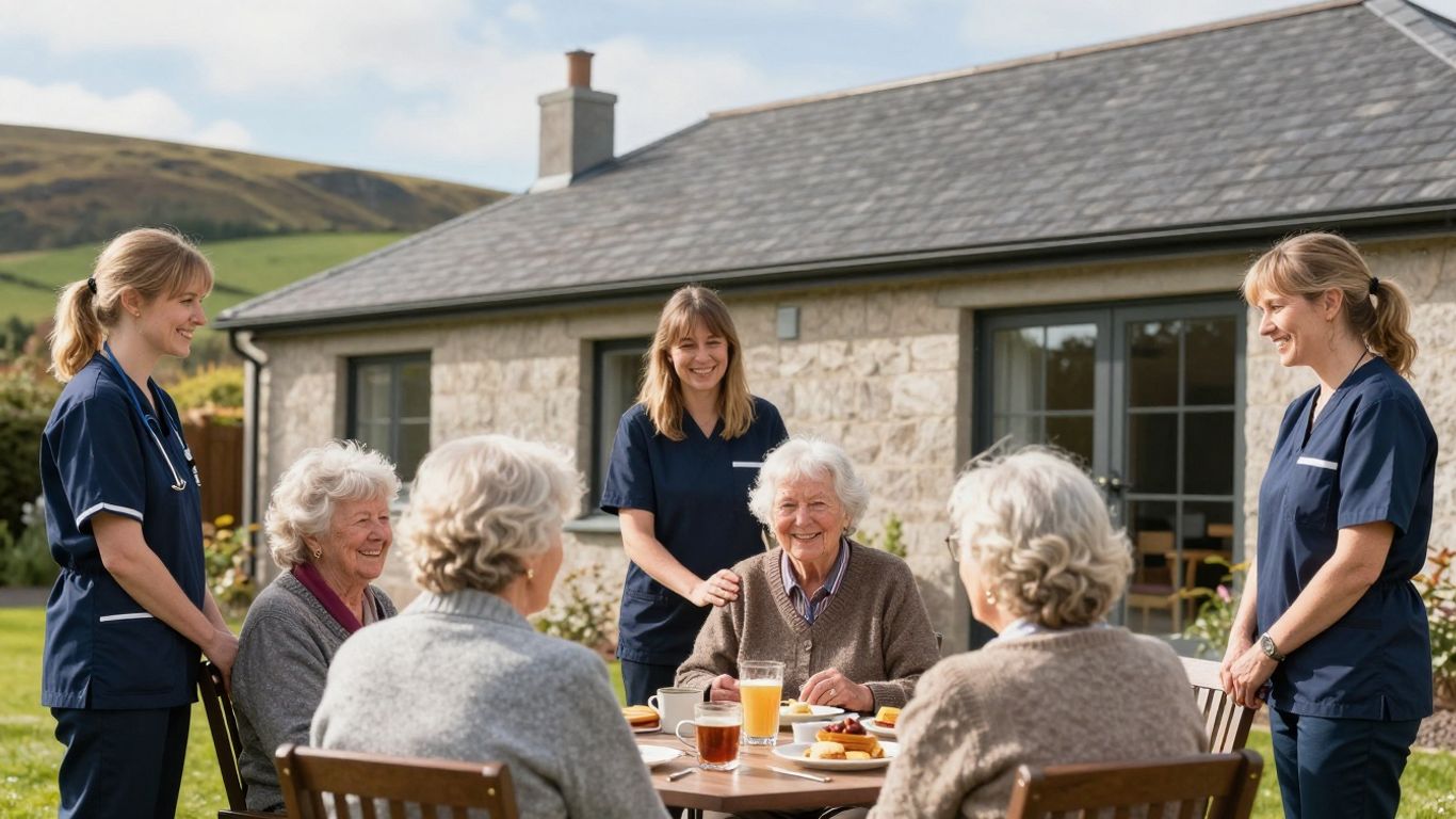 Care home in Scotland with staff and residents.