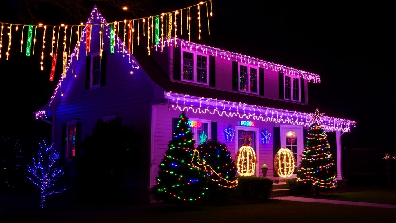 House decorated with colorful Christmas lights.