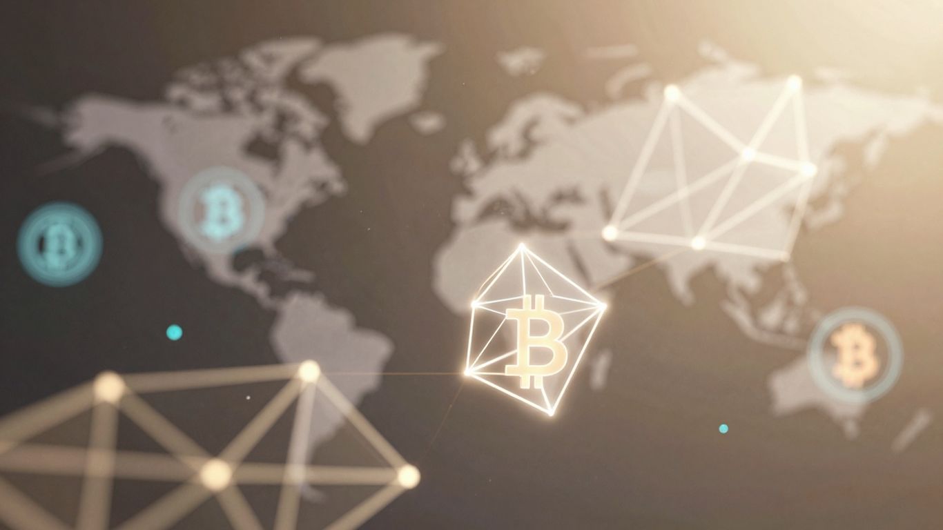 Digital assets and cryptocurrency icons in a network.