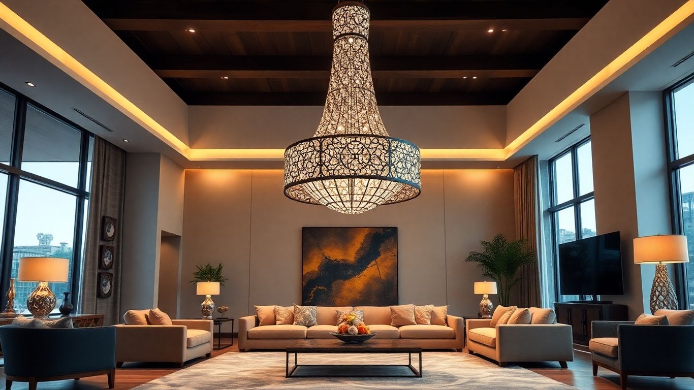 Large pendant lamp in a modern living room.
