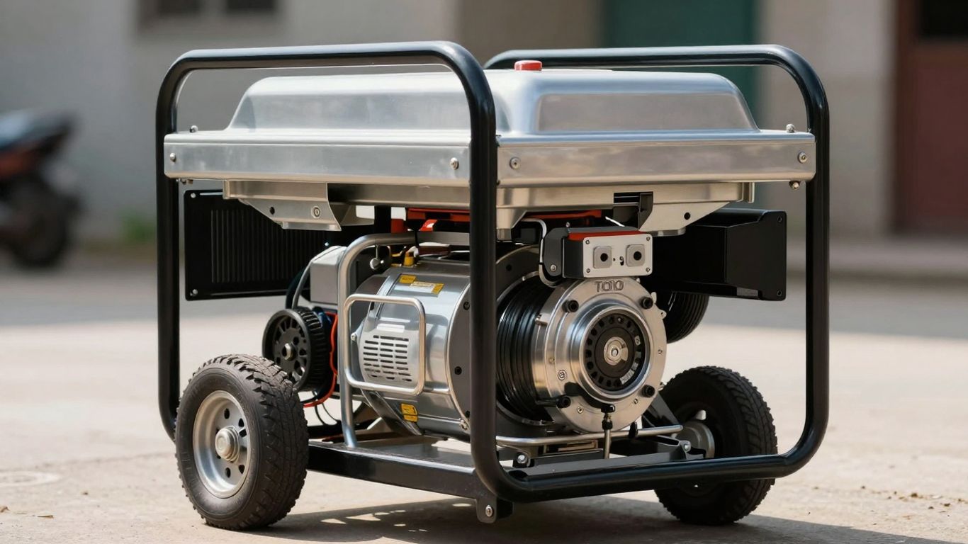 Powerful 7000 watt generator with wheels and outlets.