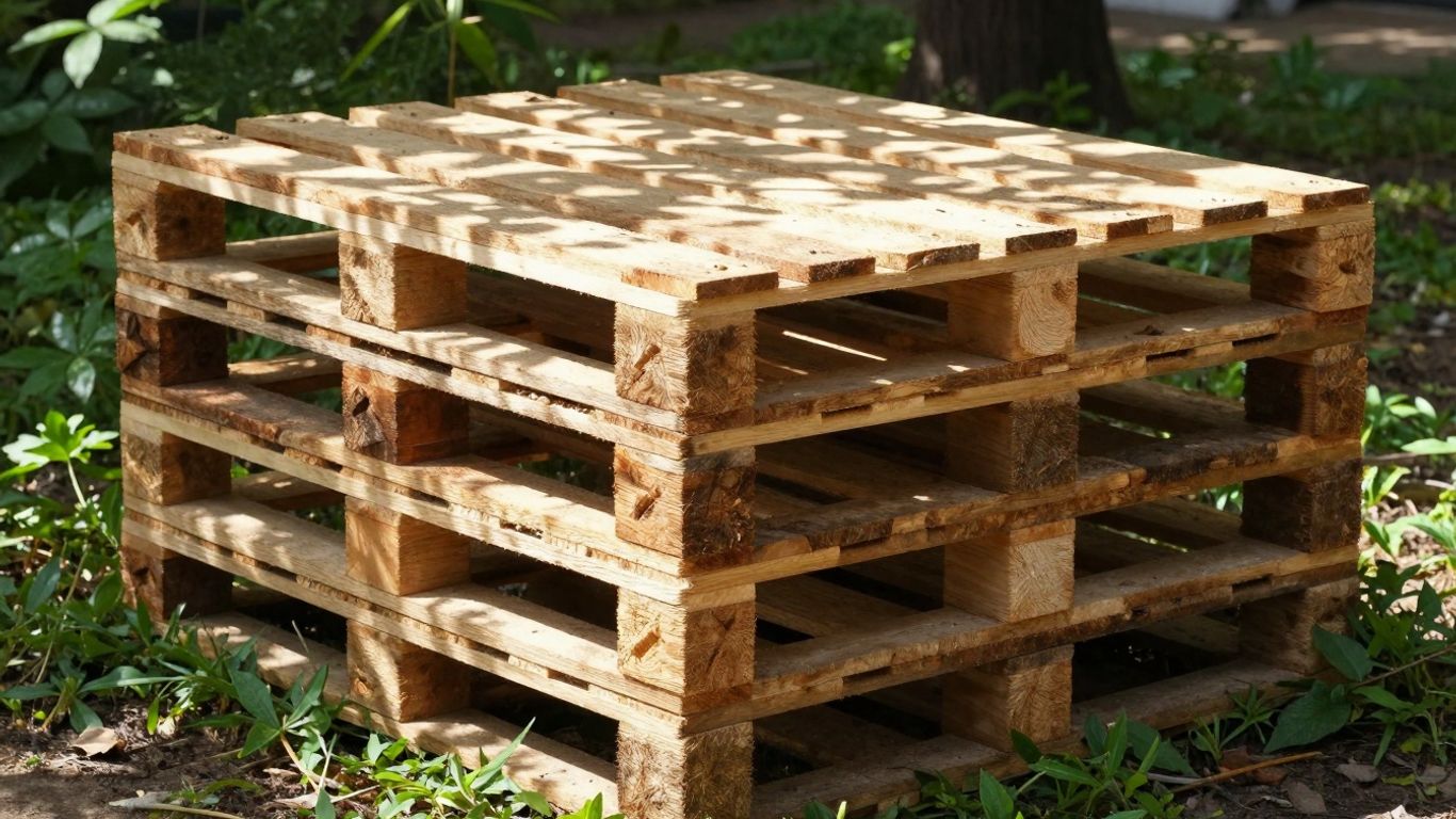 Holzpaletten im Freien mit Bäumen und Grün