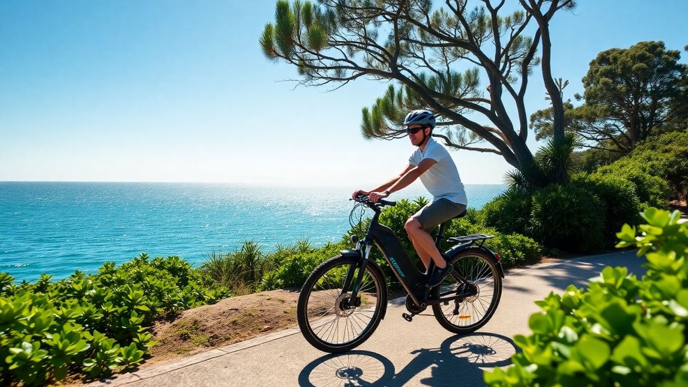Rider on ebike on coastal path