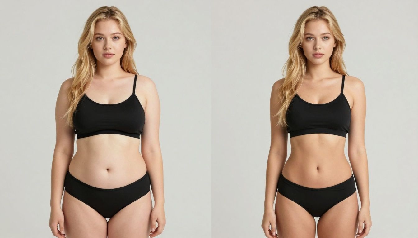 Weight loss before and after of a young blonde female.