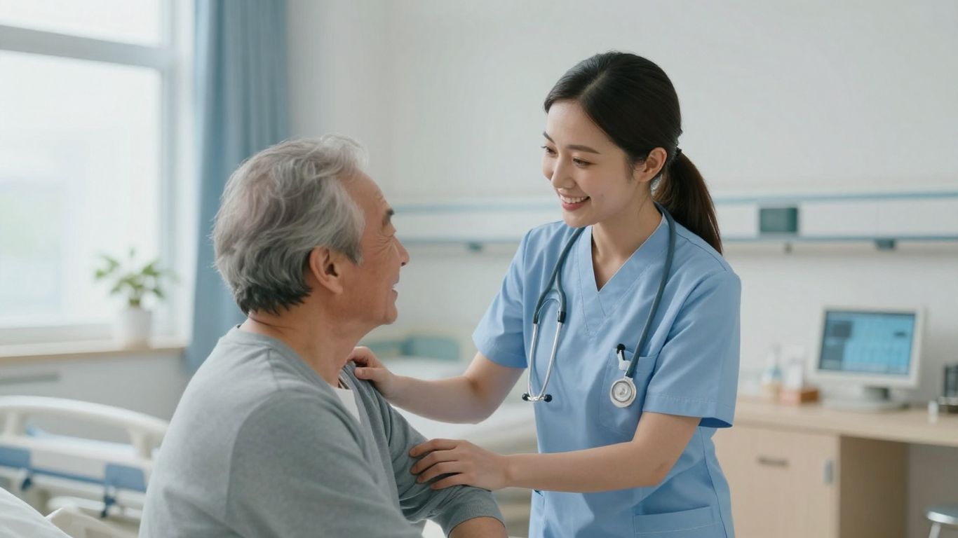 Nurse helping elderly patient in a healthcare setting.