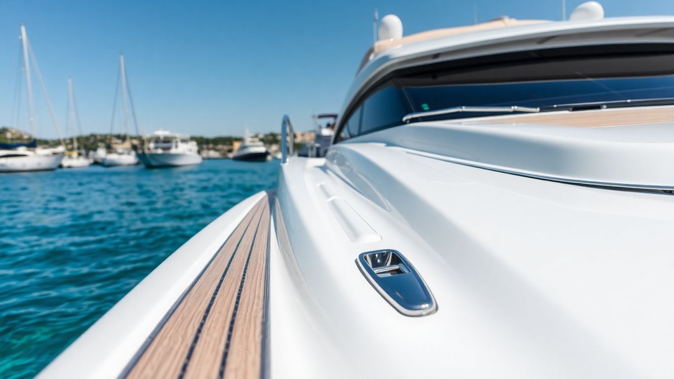 Modern leisure boat docked in a sunny harbour.