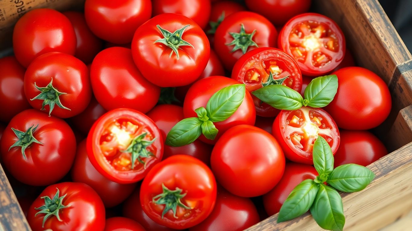 Vibrant San Marzano tomatoes with basil leaves in a wooden crate.