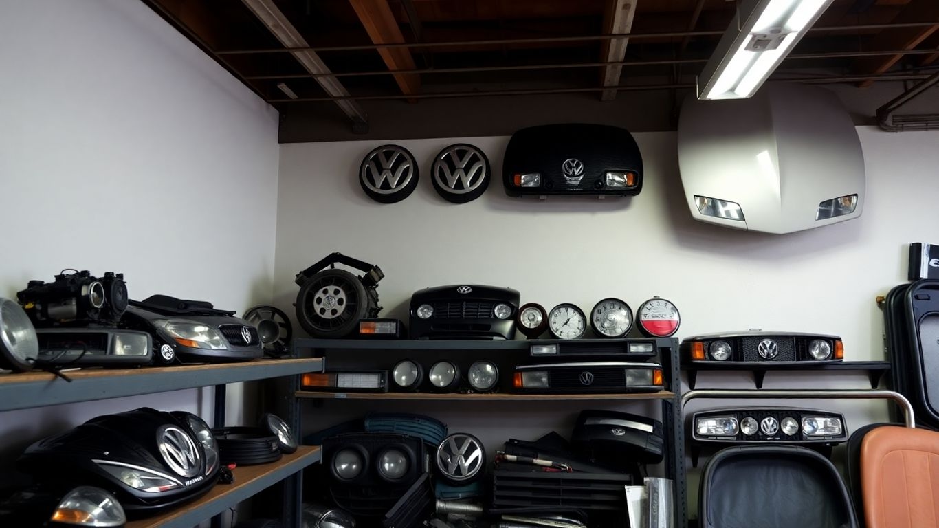 Volkswagen car parts arranged neatly on shelves in a garage.