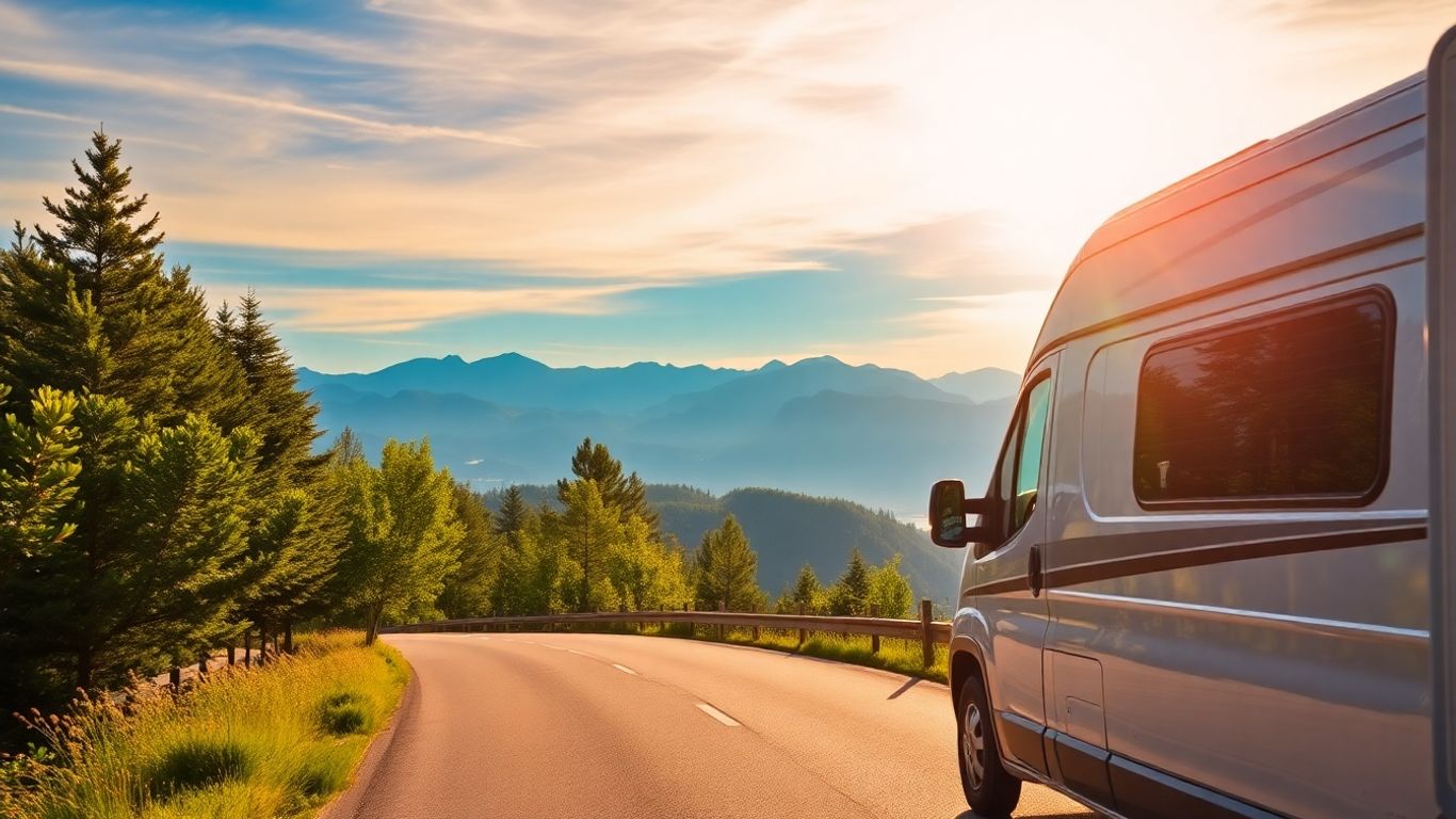 Camping-car sur une route de montagne ensoleillée.