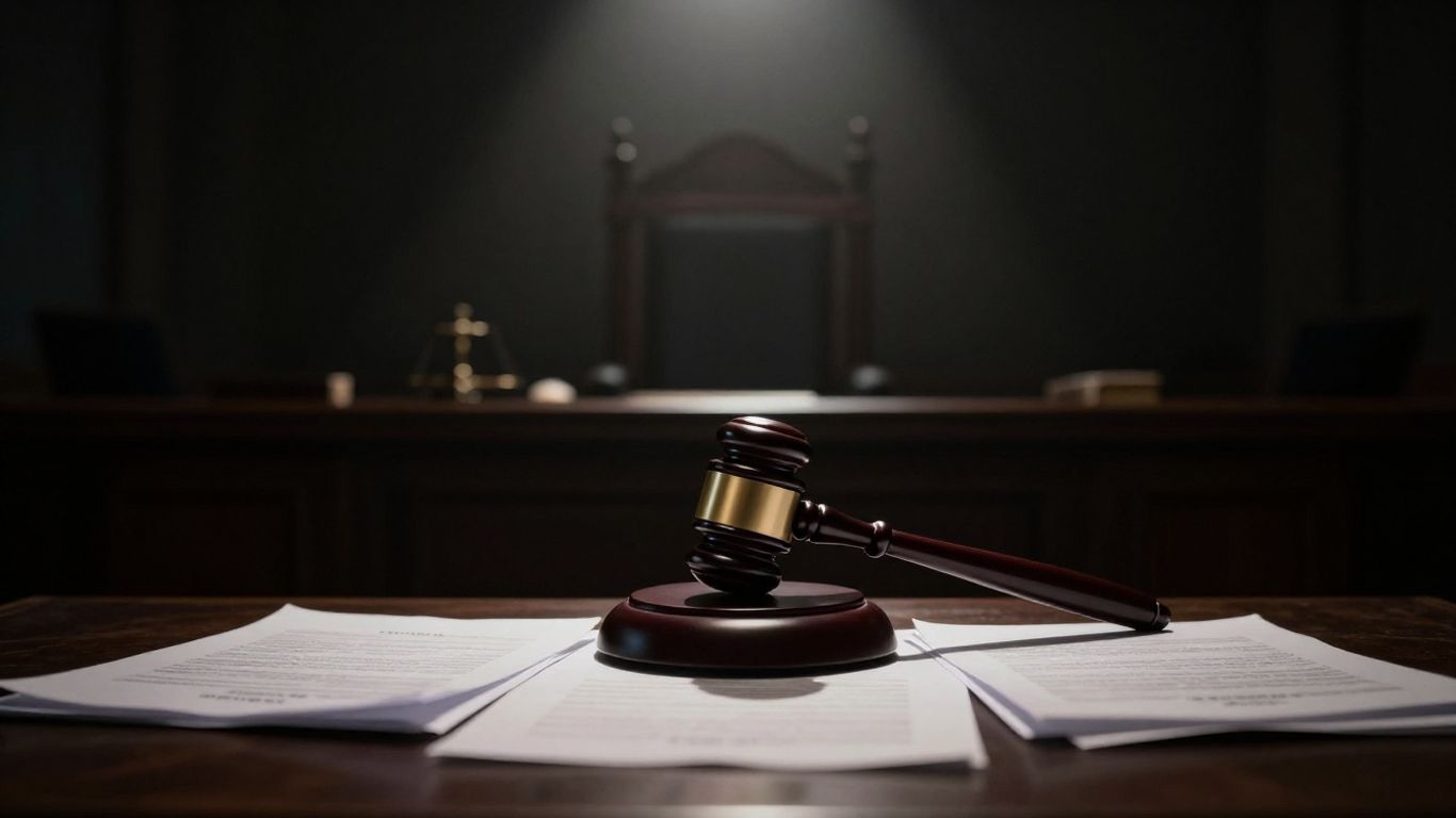 Courtroom gavel and scattered legal documents.