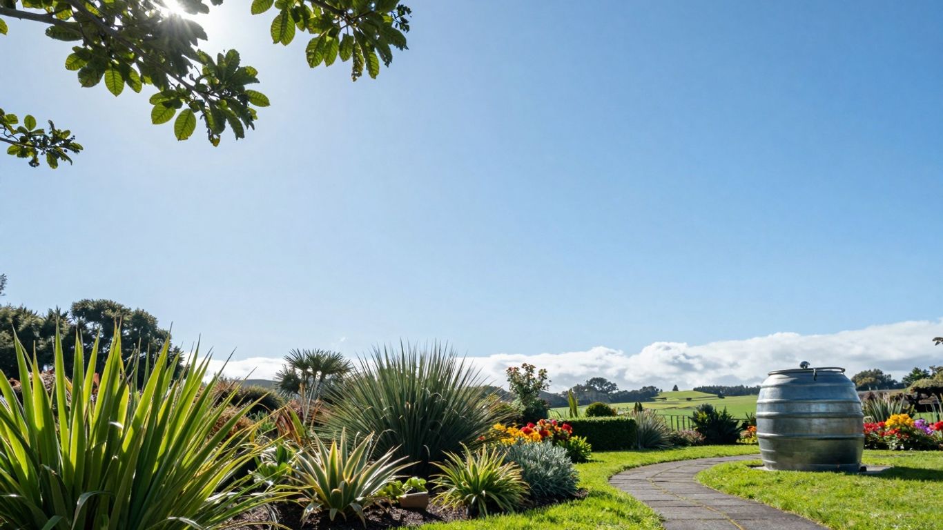 New Zealand garden with drought-tolerant plants and rain barrel.