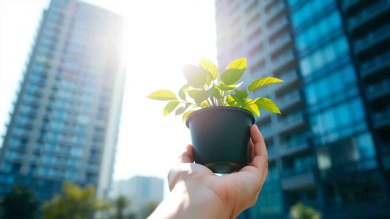 Hands holding plant with buildings in the background.