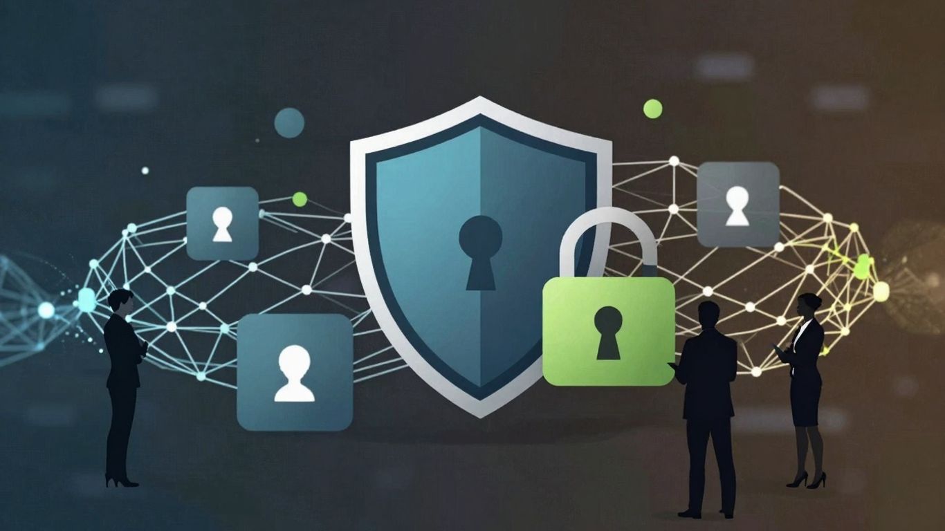 Infographic of security icons and business professionals.