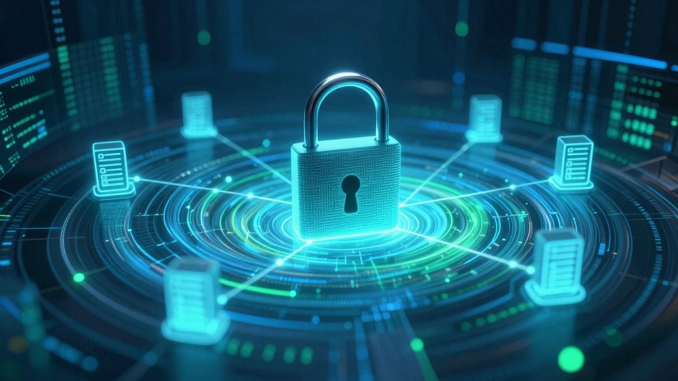 Cybersecurity padlock protecting data streams and servers.