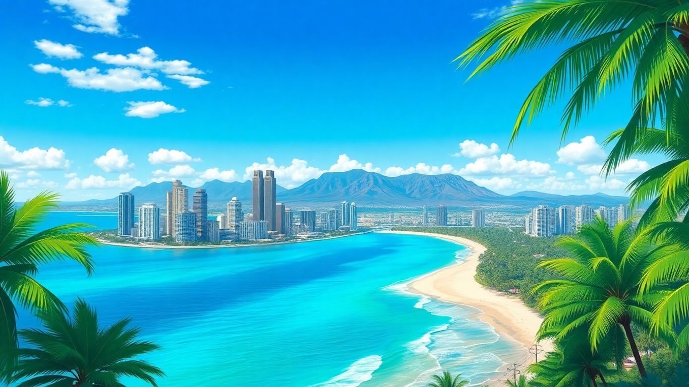 Anime Honolulu skyline with beaches and mountains