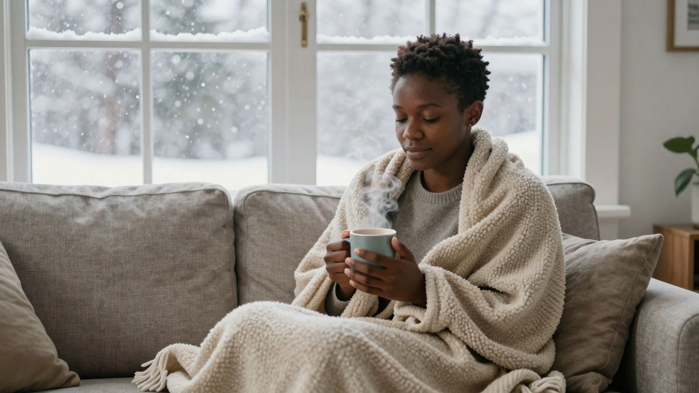 Person warm indoors during winter, snow outside.