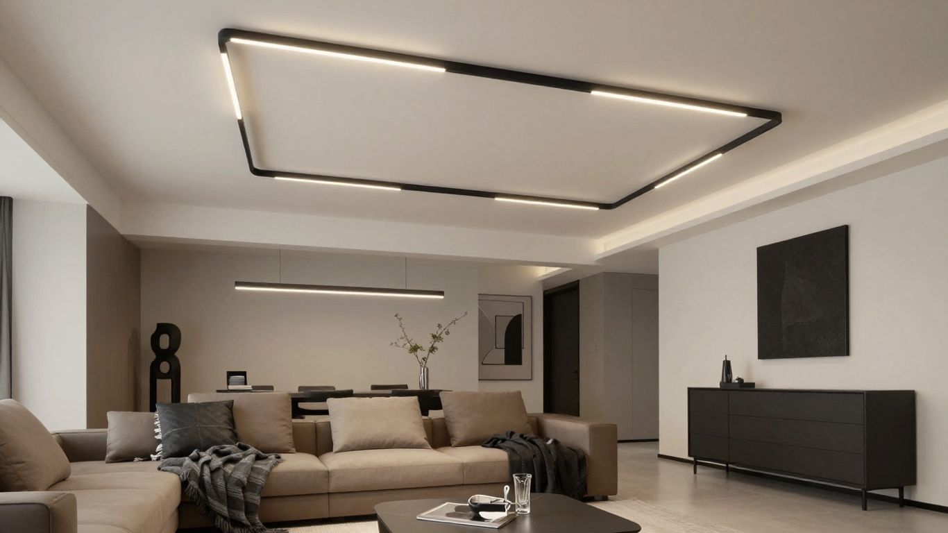 Sleek black ceiling lights in a modern living room.