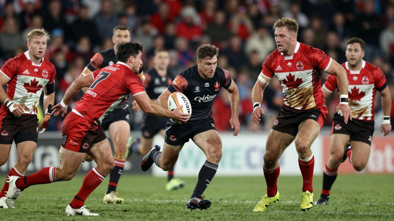 Rugby league players in action on a field.