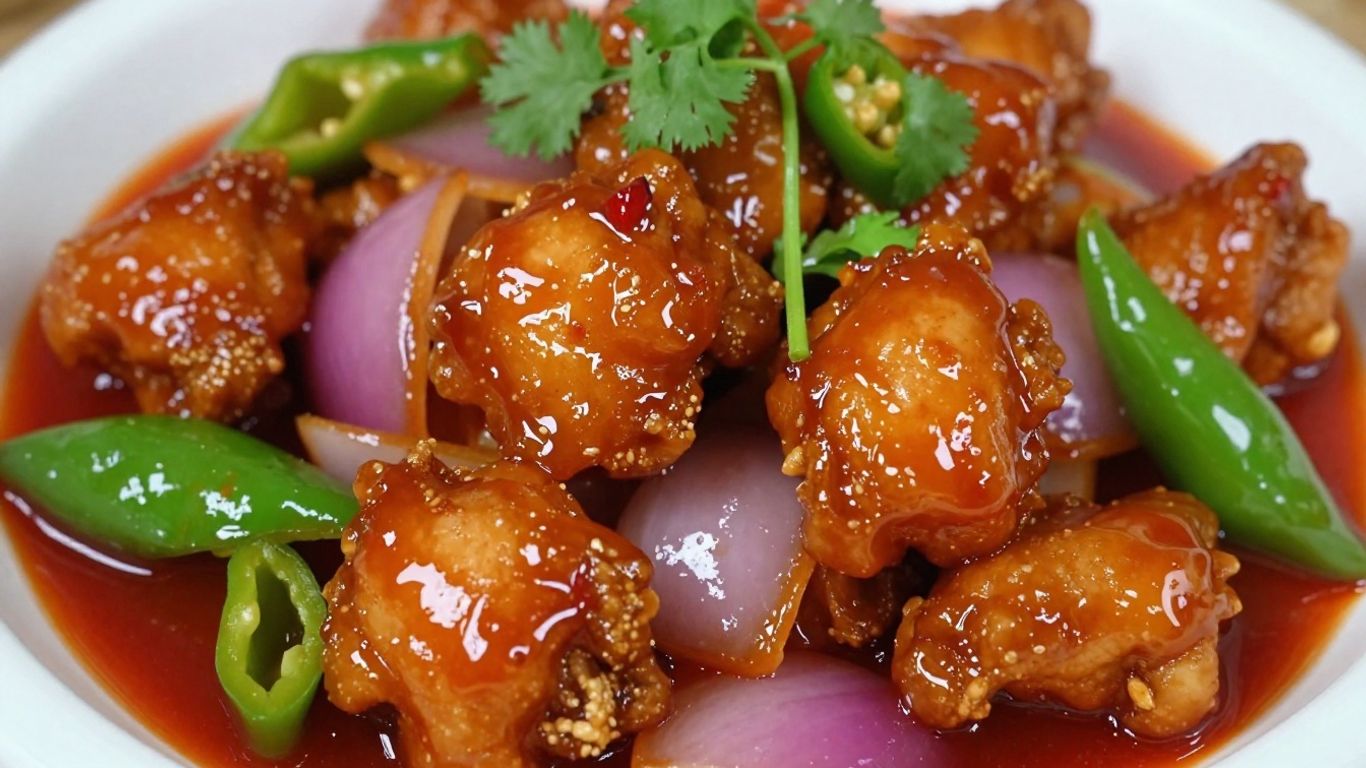 Spicy Chinese Chilli Chicken with bell peppers and onions.