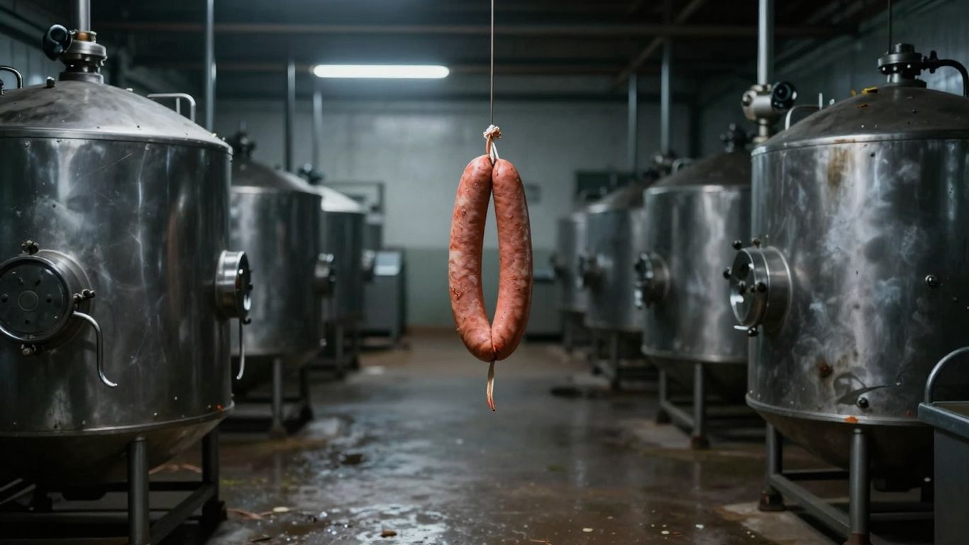 Empty German sausage factory interior with idle equipment.