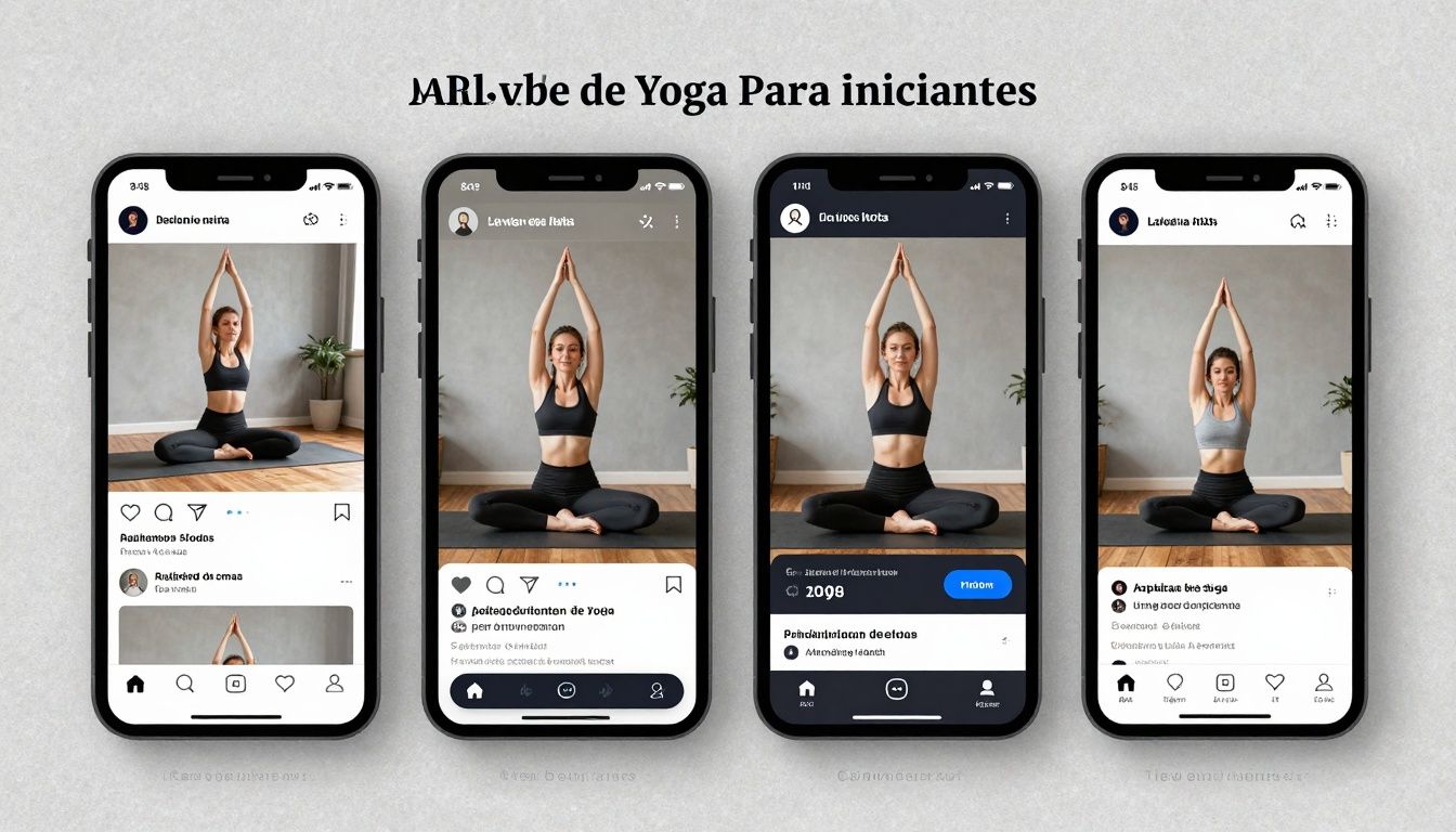 Capas dos melhores aplicativos de yoga para iniciantes, mostrando telas de exercícios e aulas em ambientes tranquilos