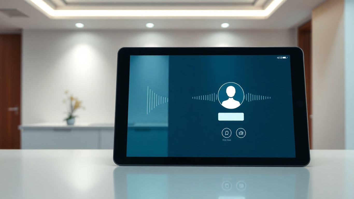 AI receptionist interface on a tablet at a clinic desk.