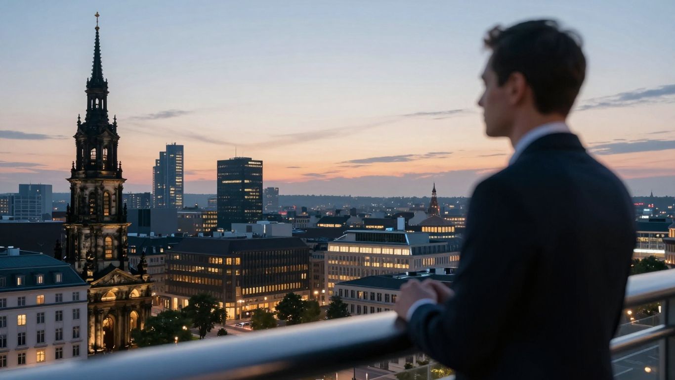 Sophisticated German cityscape at dusk, with a person looking towards the horizon.