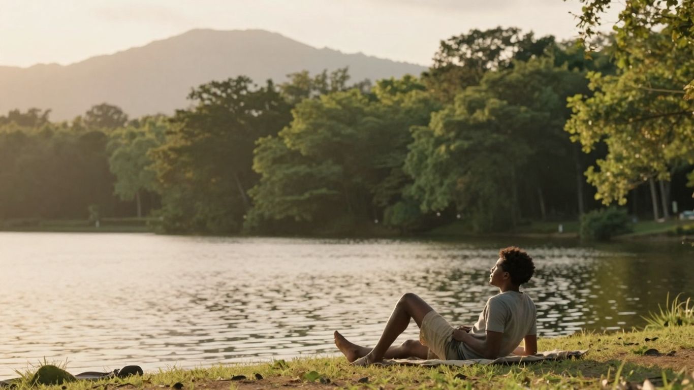 Persoon ontspant in rustige natuurlijke omgeving bij zonsondergang.