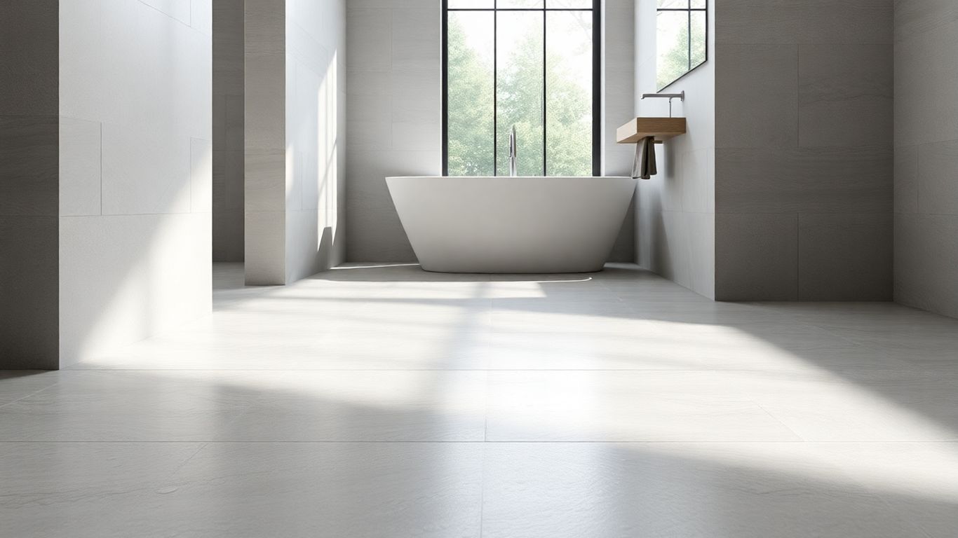 Limestone-look porcelain tile resists water in modern bathroom