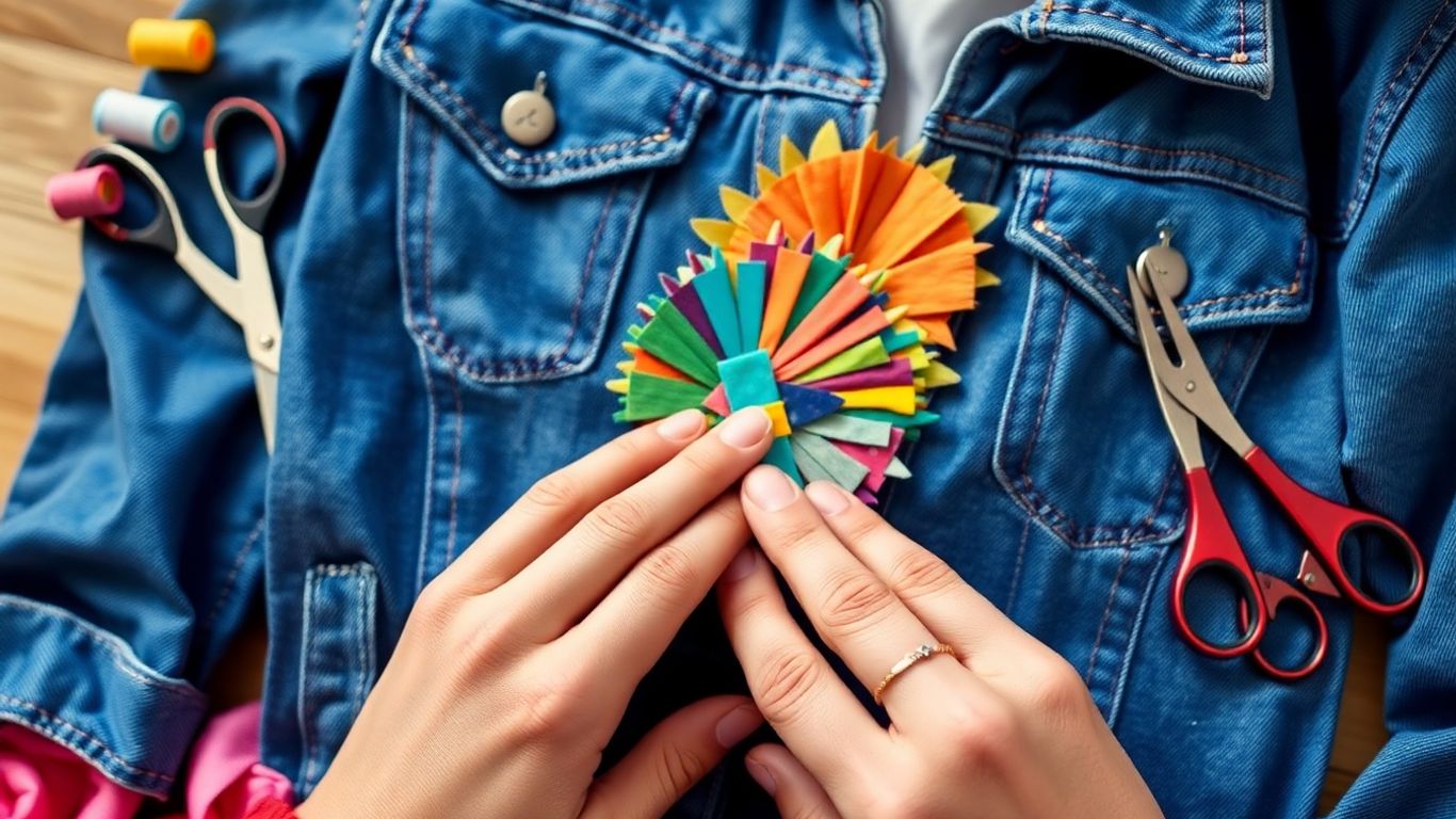 Hands sewing a patch onto a denim jacket.