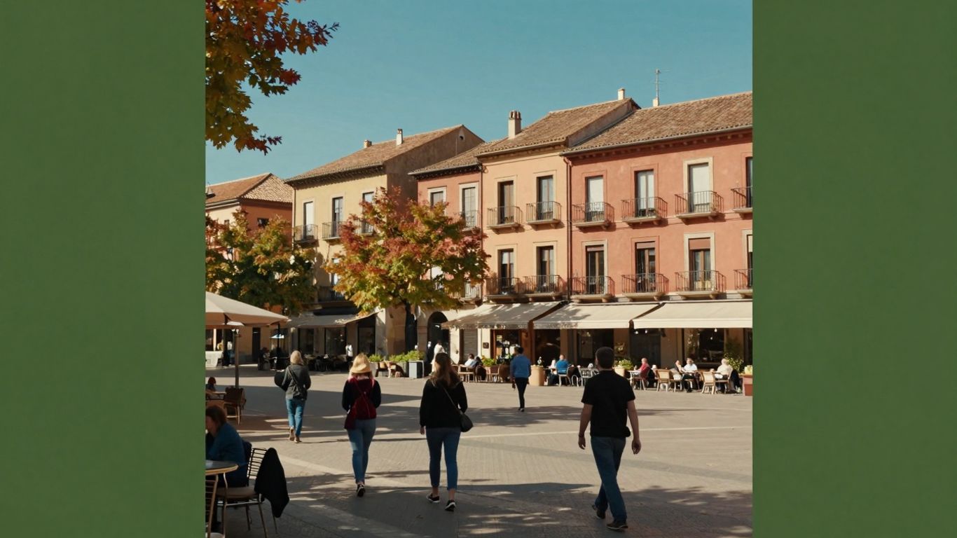 Sunny European plaza with autumn colors and outdoor cafes.