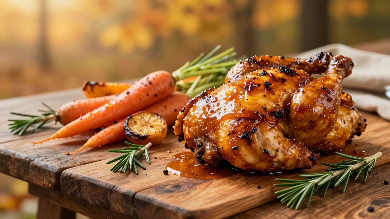 Grilled chicken and roasted vegetables on a rustic table.