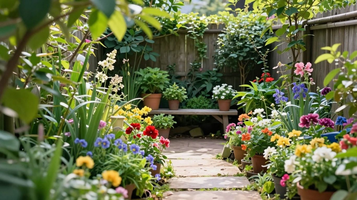 Kleine tuin met bloemen, groen en zitje.