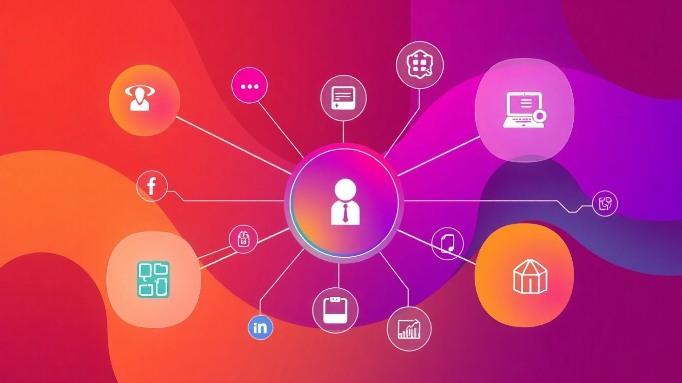 Infographic of interconnected digital icons and abstract shapes.