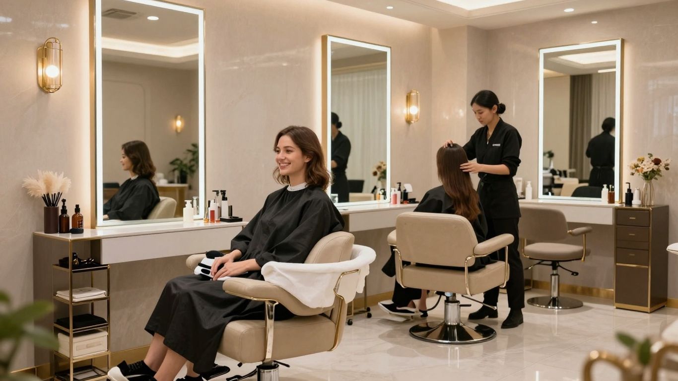 Beauty salon interior with happy client and stylist.