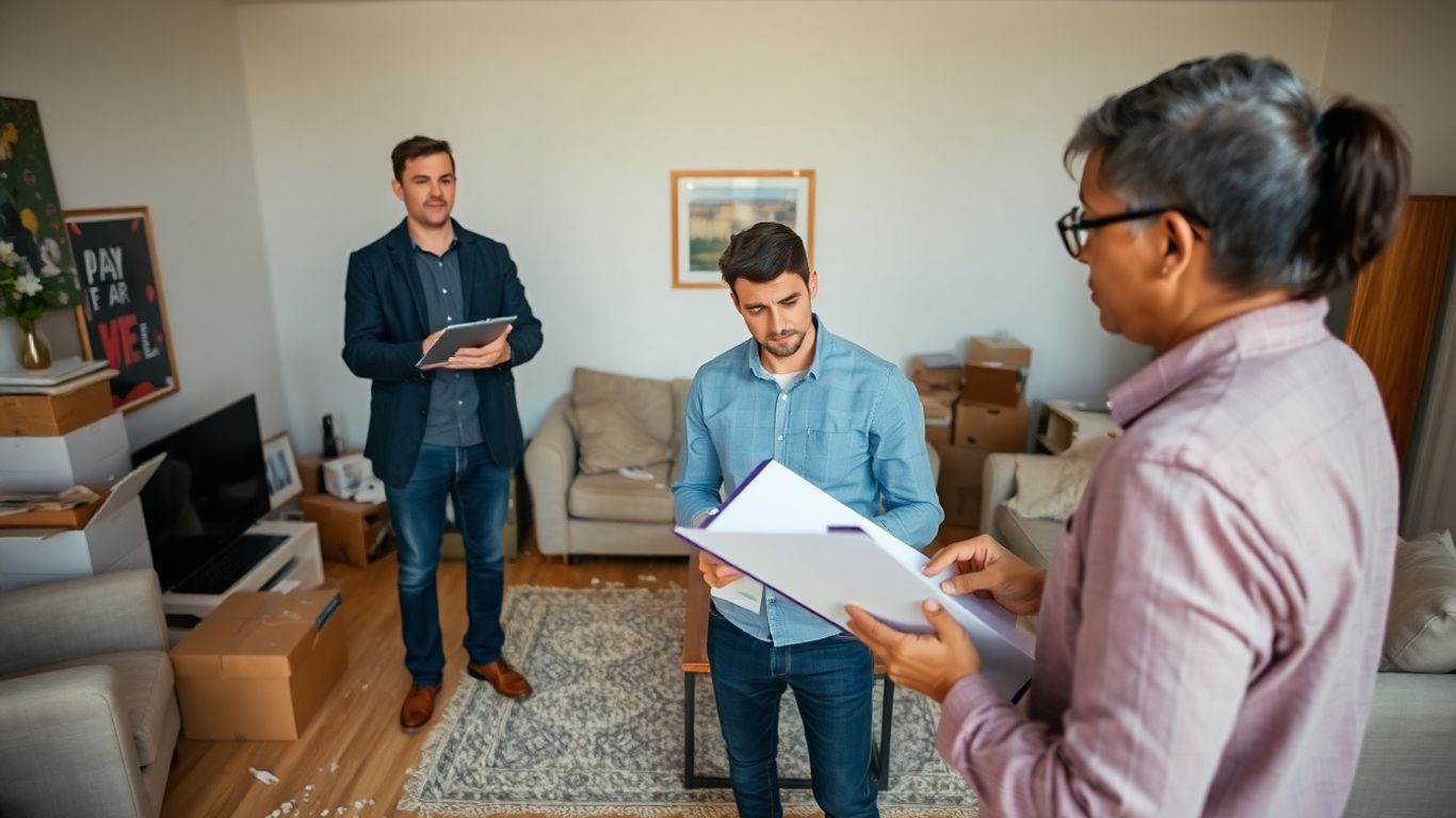 Stressed tenant and inspector in messy living room